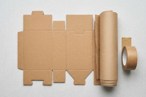 Kraft paper packaging components, including a flat die-cut box, a rolled sheet, and adhesive tape, for sustainable shipping.