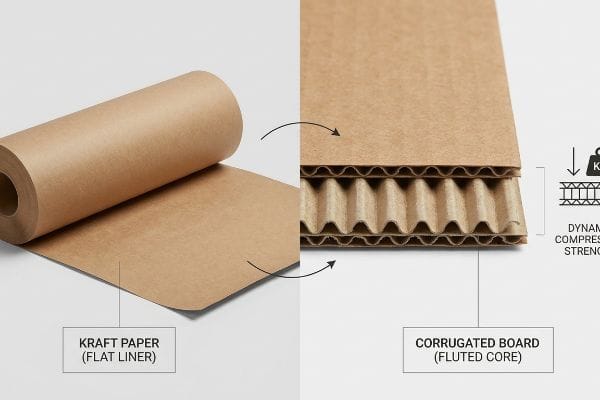 Kraft Paper (Flat Liner) shown as a roll and then integrated into Corrugated Board (Fluted Core), highlighting its role in dynamic compression strength.