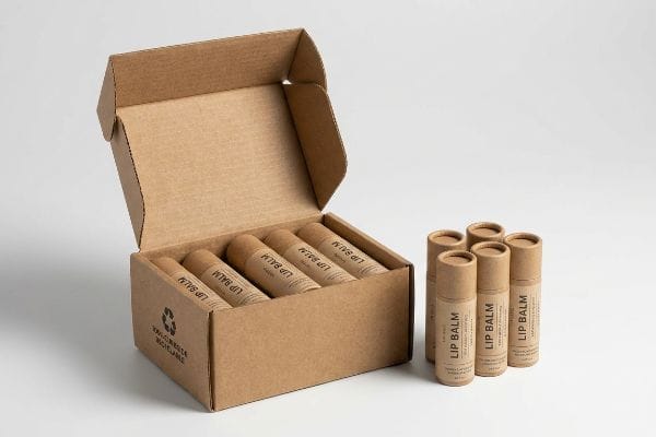 Recyclable Lip Balm Packaging Kraft paper Lip Balm tubes in an open recyclable cardboard box, with three additional tubes for sustainable cosmetic packaging.