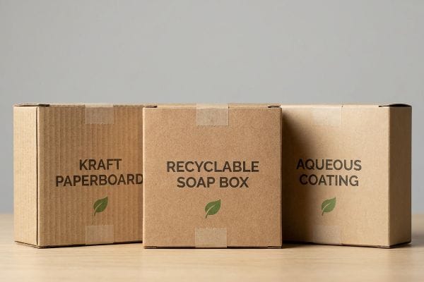 Three eco-friendly boxes: Kraft Paperboard, Recyclable Soap Box, Aqueous Coating, with green leaf logos.