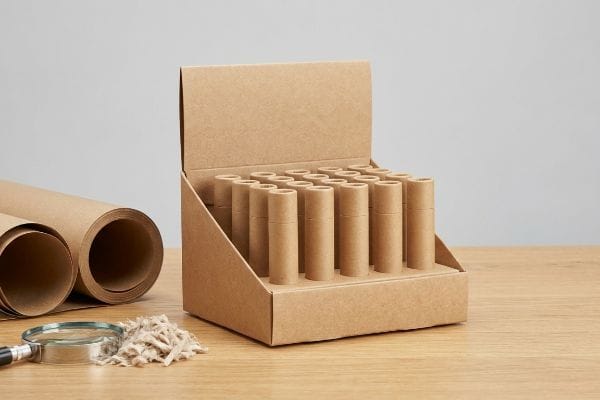 Virgin kraft paperboard display box filled with lip balm tubes, alongside paper rolls and a magnifying glass on a wooden table.