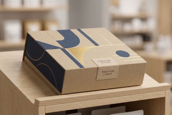 A premium kraft paper box with dark blue and gold foil geometric design and 'Premium Goods' label sits on a wooden retail display.