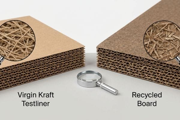 Corrugated cardboard comparison shows Virgin Kraft Testliner with long, strong cellulose fibers versus Recycled Board's short, fragmented fibers.