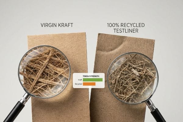Kraft vs Recycled Fibers Virgin Kraft and 100% Recycled Testliner fibers under magnification, with a Tensile Strength chart showing Kraft's higher strength.