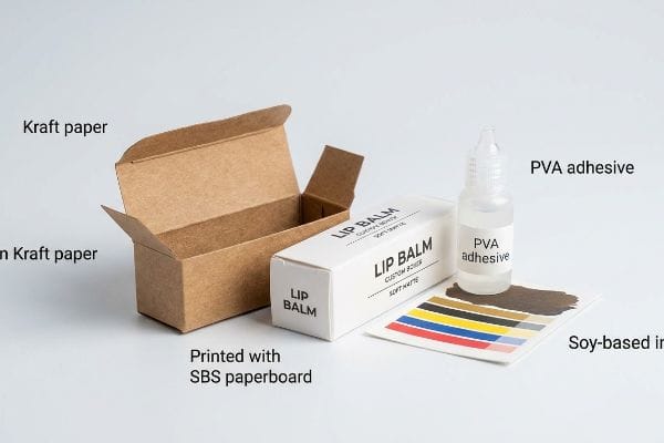 Lip Balm Box Materials Showcasing lip balm box materials, including an open Kraft paper box, a white Lip Balm box printed with SBS paperboard, PVA adhesive, and soy-based ink swatches.