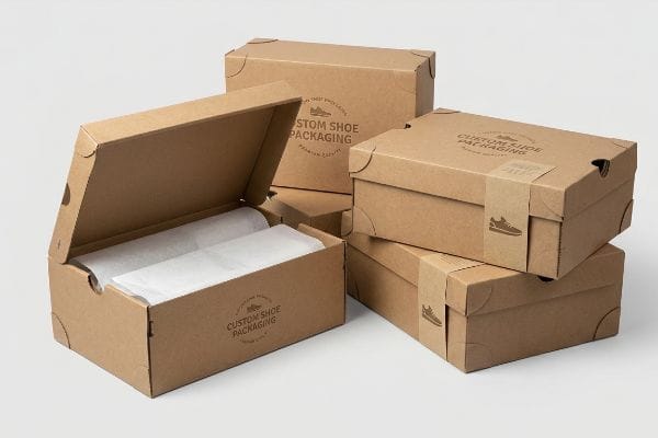 Custom Cardboard Shoe Boxes Brown kraft cardboard shoe boxes, one open revealing white tissue paper, prominently display 'Custom Shoe Packaging Premium Quality' branding.