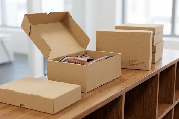 Brown kraft shoe boxes, one open with brown leather shoes, and stacked boxes featuring 'Shoe Storage' text.