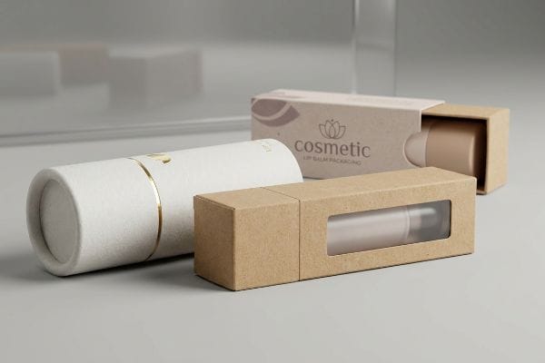 Lip Balm Packaging Boxes Cosmetic Lip Balm Packaging boxes: white tube with gold band, kraft paper slide-out box, and windowed carton.
