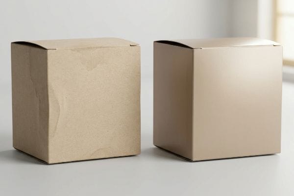 Raw kraft paper box beside a smooth, lighter brown box, highlighting packaging material for thermal protection.