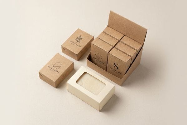 Wholesale Soap Boxes Display A display of wholesale kraft soap boxes, individual Nature Soap and Prick Soap cartons, and a window box.