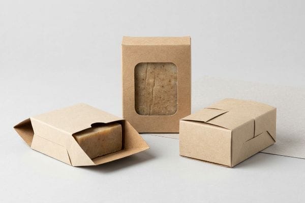 Three natural kraft paper boxes for artisanal soap, one open, one with a die-cut window, and one closed.