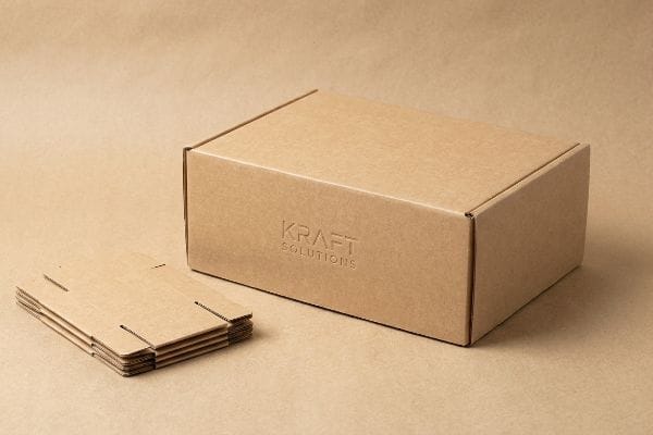 Custom kraft corrugated packaging, featuring an assembled box with embossed Kraft Solutions logo and flat unassembled blanks.