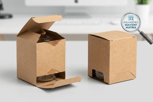 Kraft paperboard boxes, one open revealing oil stains and a glass jar, alongside a closed box and an 'Engineered Solvent Matrix' magnifying glass.