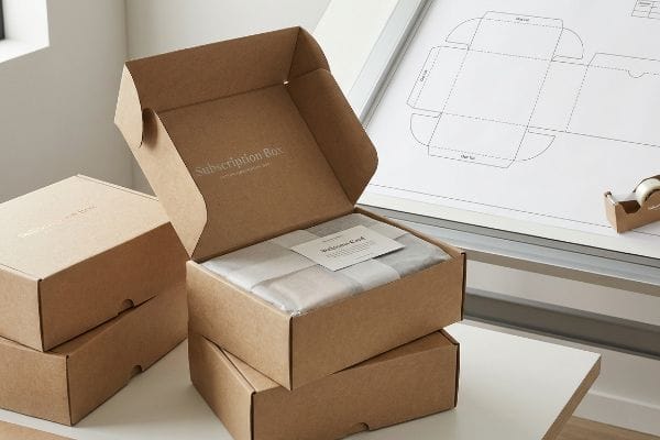 A brown kraft "Subscription Box" open with a "Welcome Card" and wrapped contents, alongside closed boxes and a packaging dieline blueprint.