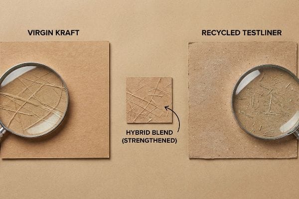 Paperboard Fiber Comparison Close-up comparison of Virgin Kraft, Recycled Testliner, and a Strengthened Hybrid Blend paperboard, highlighting their distinct fiber structures under magnification.