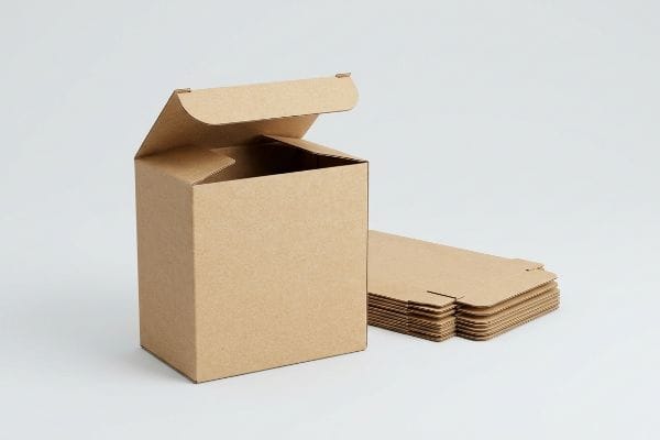 Tuck Top Box Assembly Open brown kraft paper tuck top box, partially assembled, beside a stack of flat-pack unassembled blanks.