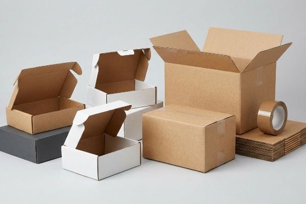 Corrugated Mailer Boxes Tape Arranged on a light gray surface are diverse open and closed corrugated mailer boxes, in kraft brown and white, with a roll of packing tape.