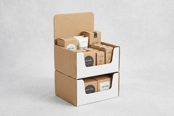 Two-Tiered Display Box Corrugated two-tier display box, natural kraft with white inserts, holding 'Dirty Face' and 'Bath Things' product boxes and a white tube.