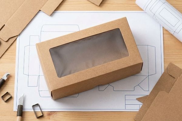 A workspace displays a custom Kraft window box on a blue die-line template, surrounded by die-cutting tools and brown paper.
