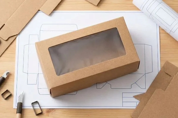 Kraft Window Box Design A workspace displays a custom Kraft window box on a blue die-line template, surrounded by die-cutting tools and brown paper.