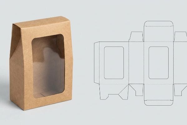 Brown Kraft paper folding carton with a clear window and its flat dieline template for custom packaging.