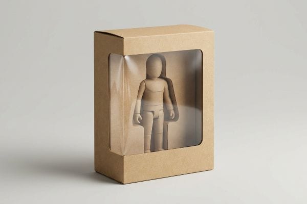Light brown Kraft paper window box with a clear plastic window showcasing a wooden art mannequin, ideal for action figure packaging.
