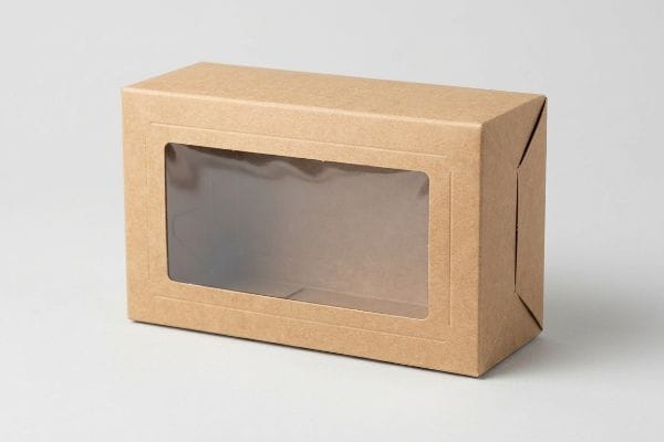 Brown Kraft paper folding carton with a clear rectangular window patch, ideal for retail product packaging.