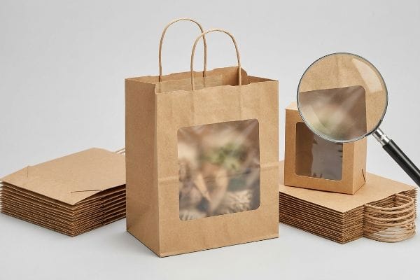 Eco-Friendly Kraft Window Packaging Kraft paper eco-friendly window bags and boxes with a magnifying glass highlighting the window patch.