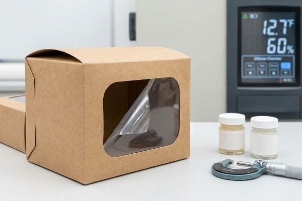 Brown Kraft paper window box with peeling flexible film, a Climate Chamber at 12.7°F and 60% humidity, and a micrometer.