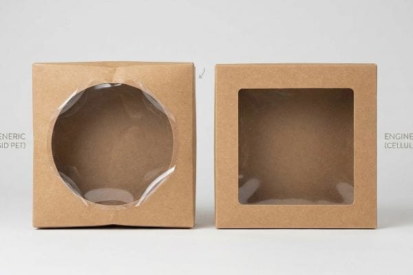 Generic Kraft box with warped Rigid Pet window next to an Engineered Kraft box with flat Cellulose window.