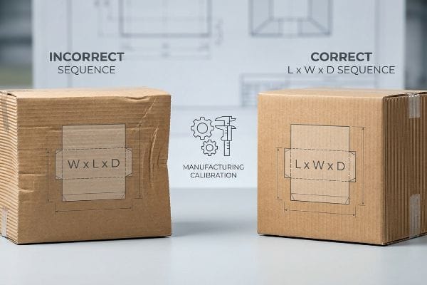 Séquence L x l x d Les boîtes en carton ondulé illustrent les séquences dimensionnelles incorrectes (L x l x P) et correctes (L x l x P) pour l'étalonnage de la fabrication.