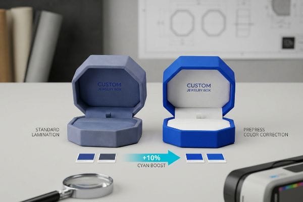 Lamination Color Correction Two Custom Jewelry Boxes compare Standard Lamination to Prepress Color Correction, highlighting a +10% Cyan Boost for vivid brand colors.