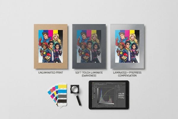 Lamination Color Compensation Three prints compare Unlaminated, Soft-Touch Laminate (Darkened), and Laminated + Prepress Compensation, with color swatches and a tablet showing Color Boost (+10%).