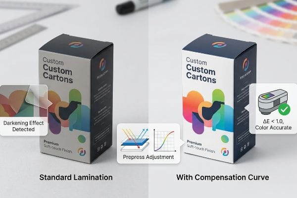 Lamination Color Compensation Two 'Custom Custom Cartons' with 'Premium Soft-touch Finish' demonstrate lamination effects: 'Standard Lamination' shows a 'Darkening Effect Detected', while 'With Compensation Curve' achieves 'Color Accurate' results, 'ΔE < 1.0', via 'Prepress Adjustment'.