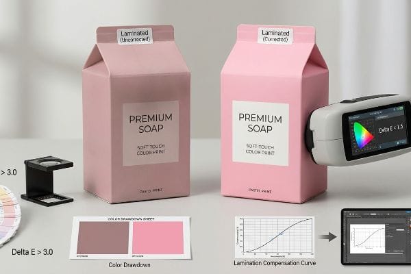 Lamination Color Correction Pink Premium Soap cartons, uncorrected and corrected laminated, with spectrophotometer showing Delta E < 1.5 and lamination compensation curve.
