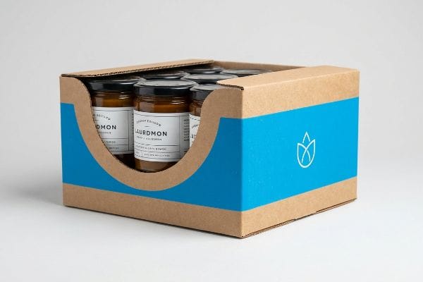 Brown corrugated custom packaging box with a blue Pantone flood band and white tulip logo, showcasing Laurdmon Honey & Cinnamon jars.