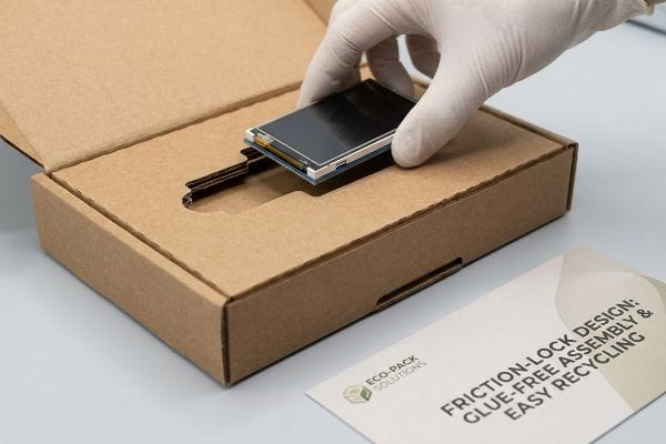 Friction-Lock Screen Packaging Brown corrugated box with hand placing LCD screen into friction-lock cavity, beside "Eco-Pack Solutions" card: "Friction-Lock Design: Glue-Free Assembly & Easy Recycling".