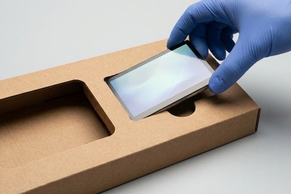 Verpackungslösung für LCD-Bildschirme Eine mit blauen Handschuhen bekleidete Hand platziert vorsichtig einen LCD-Bildschirm in eine gestanzte Aussparung mit Reibungsverschluss in einer interaktiven Verpackung aus Kraftpapier und veranschaulicht so die Extraktion von Elektroschrott.
