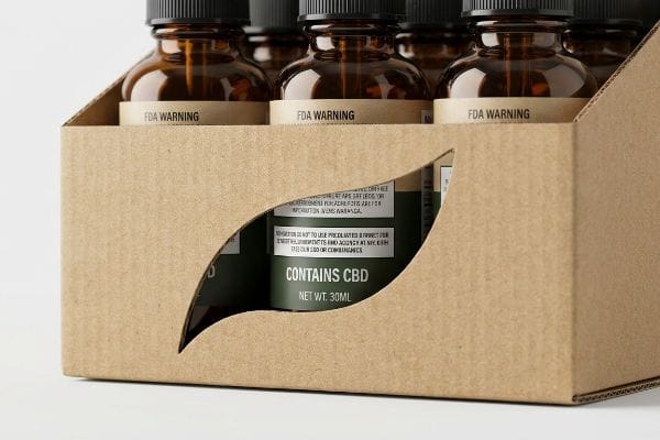 CBD-Flasche UVP Tablett RRP-Schale aus Kraftpapier-Wellpappe mit einem ausgestanzten Blattmuster, durch das bernsteinfarbene CBD-Ölflaschen mit den Aufschriften „FDA-Warnung“, „Enthält CBD“ und „Nettoinhalt 30 ml“ sichtbar sind.