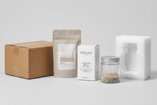 Brown corrugated shipper, beige flexible polymer pouch, Lifcuna Cosmetic Brum folding carton, glass jar with white beads, and protective foam insert.