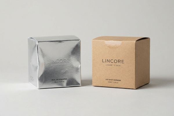 Silver Lincore Cosmetic Box with Foil Up Stamped (10ml) beside a kraft Lincore Cosmetic Box with Eye Spot Varnish (30ml).