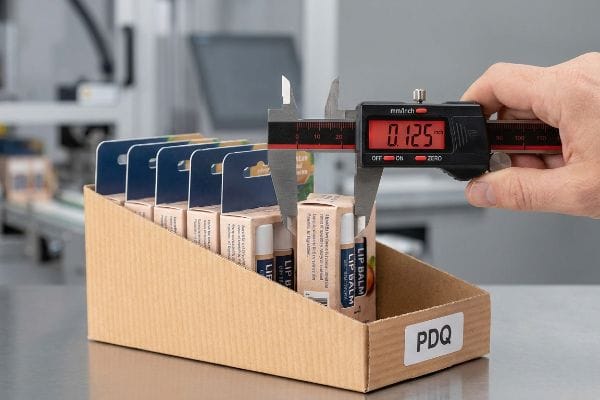 Measuring Lip Balm Tolerance A digital caliper measures 0.125 inches on a Lip Balm box within a cardboard Pdq display, ensuring packaging tolerance.