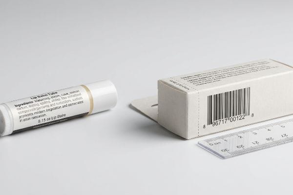 Lip Balm Packaging Measurement A 0.15 oz Lip Balm Tube and its cardboard box with a UPC barcode (8 96717 00122 8) next to a ruler, illustrating cosmetic packaging dimensions.