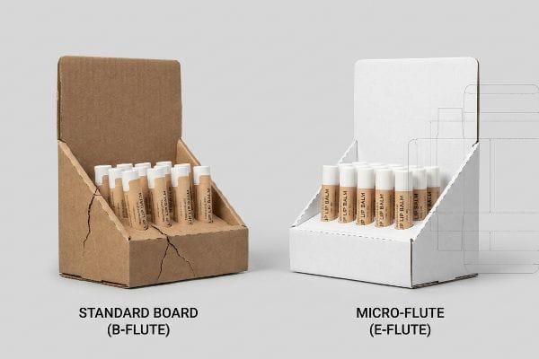 Flute Board Comparison Two counter displays for Lip Balm tubes, contrasting a rough B-Flute standard board with a smooth E-Flute micro-flute white display.
