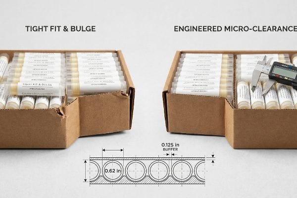 Lip Balm Packaging Engineering Brown cardboard lip balm trays demonstrate packaging differences: one labeled "Tight Fit & Bulge" with bulging sides, the other "Engineered Micro-Clearance" with a digital caliper measuring a 0.125 inch buffer, alongside a diagram showing 0.62 inch tubes.