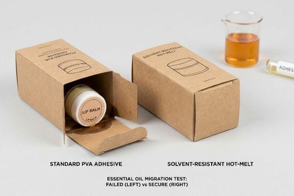 Solvent Migration Test Kraft paperboard boxes compare Essential Oil Migration Test results: failed Standard PVA Adhesive with Lip Balm oil stain versus secure Solvent-Resistant Hot-Melt.