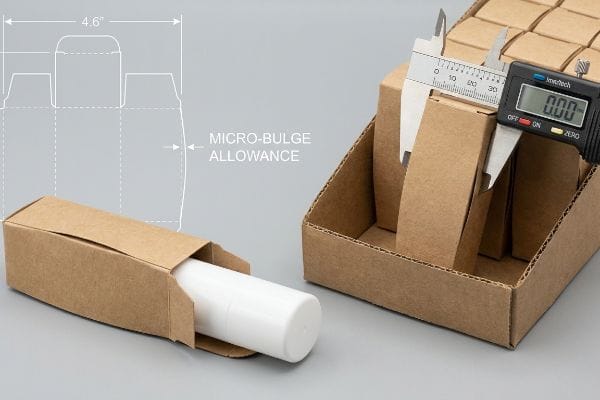 Lip Balm Packaging Measurement Brown kraft paperboard box with a white lip balm, digital calipers measuring a box in a display tray, highlighting Micro-Bulge Allowance and 4.6-inch dimensions.