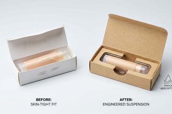 Engineered Suspension Packaging Skin-tight lip balm packaging fails, engineered suspension in kraft box prevents damage.