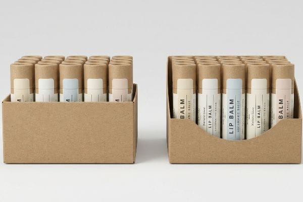 Lip Balm Display Trays Brown cardboard display trays hold Kraft paper Lip Balm tubes, one with a die-cut front lip for label visibility.