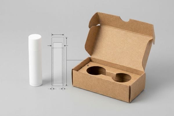 Lip Balm Packaging Sizing White lip balm tube, technical diagram with dimensions, and an open kraft paperboard box for custom lip balm packaging.